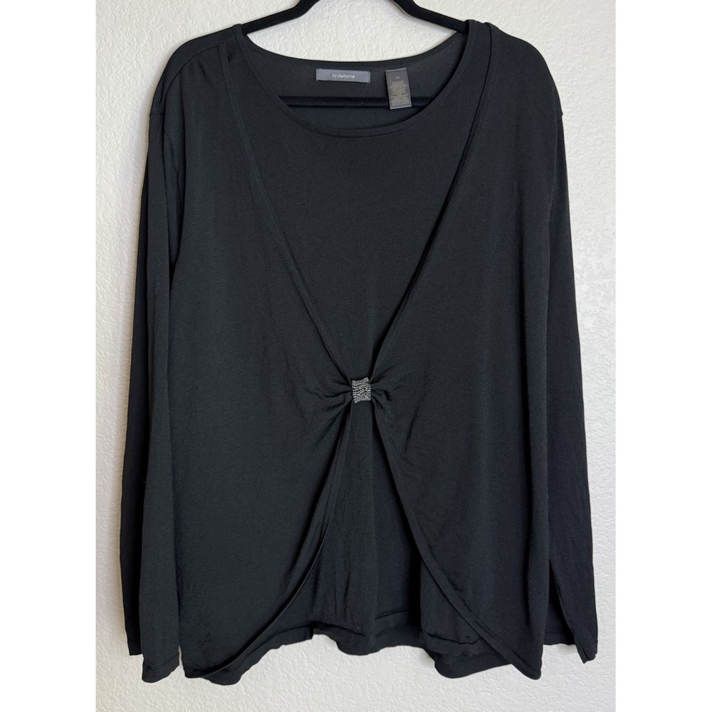 Liz Claiborne Womens 3X Knit Top Black Long Sleeve Rhinestone Faux Wrap Layered